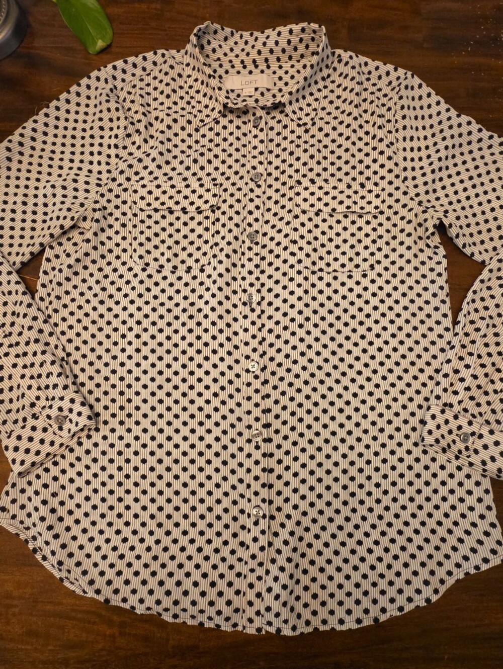 LOFT Mixed Print Polka Dot & Striped Button-Down Blouse - Size Medium